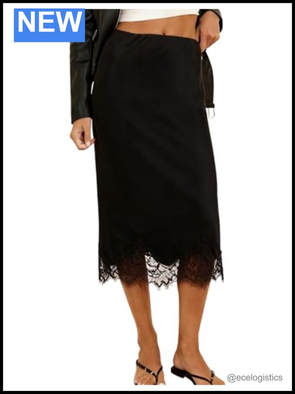 Satin A-Line Midi Skirt with Lace Trim High Waist Flowy
